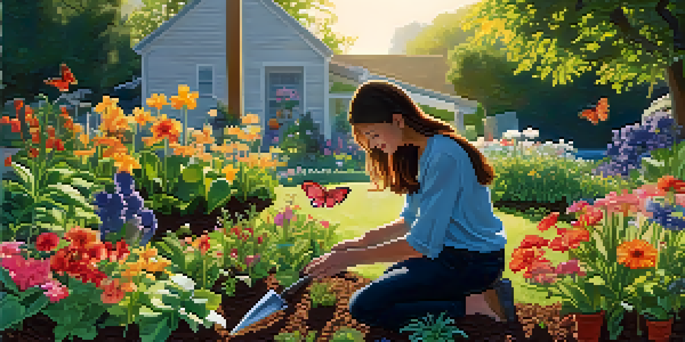 A person kneeling in a colorful garden, planting seedlings with butterflies around and the sun shining.