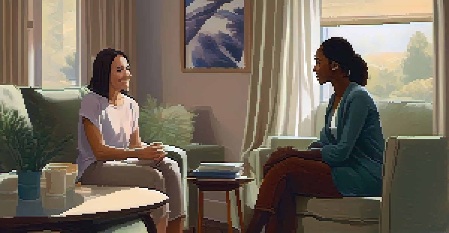 An empathetic counselor talking with a domestic violence survivor in a calming environment, showcasing soft lighting and soothing decor.