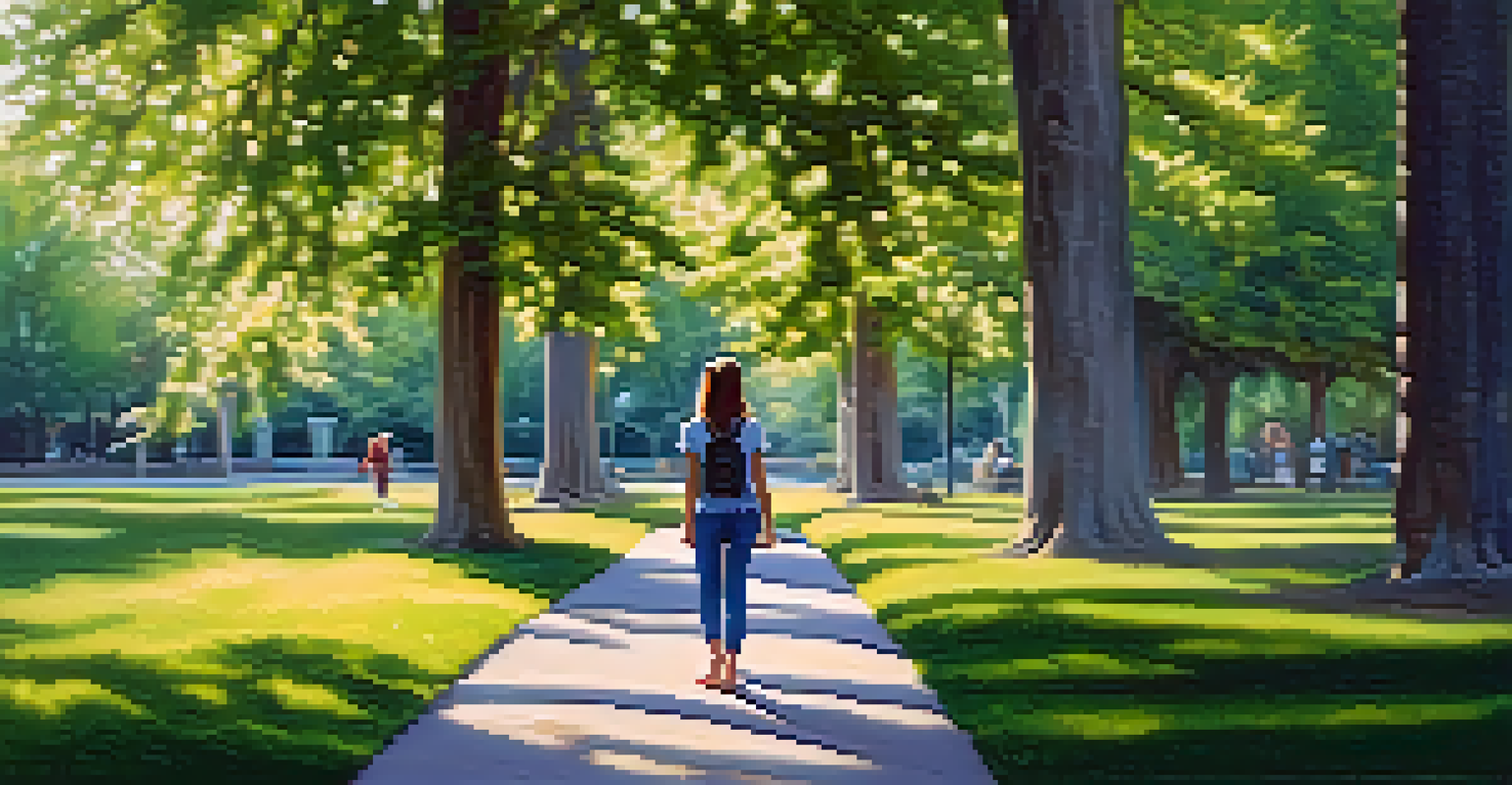 A student practicing mindful walking on a sunlit pathway in a park, surrounded by flowers and trees, enjoying a peaceful moment.