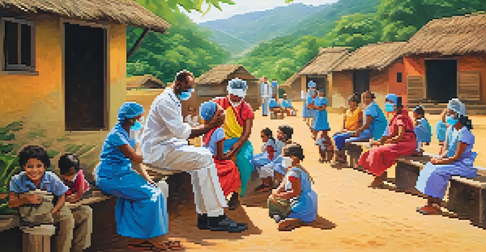 Healthcare workers administering vaccines to children in a rural village, surrounded by greenery and a sunny atmosphere.