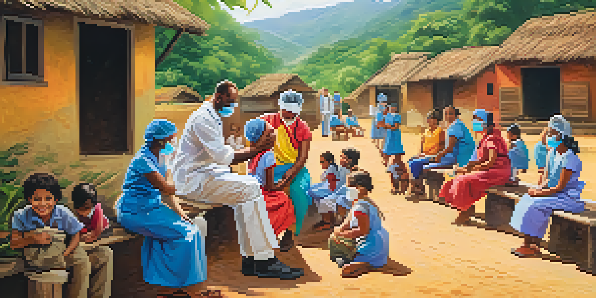 Healthcare workers administering vaccines to children in a rural village, surrounded by greenery and a sunny atmosphere.