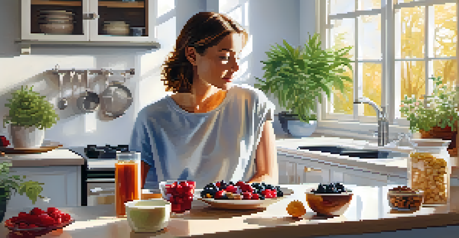 A person savoring a yogurt parfait with berries and nuts in a bright, cozy kitchen filled with plants and natural light.