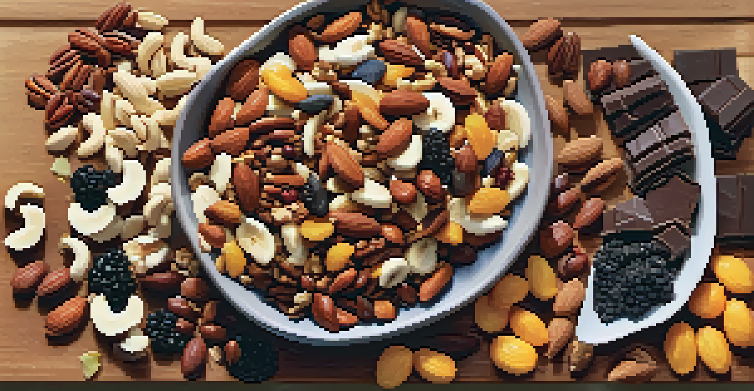 A colorful homemade trail mix on a wooden cutting board, featuring nuts, seeds, dried fruits, and dark chocolate pieces, illuminated by sunlight.
