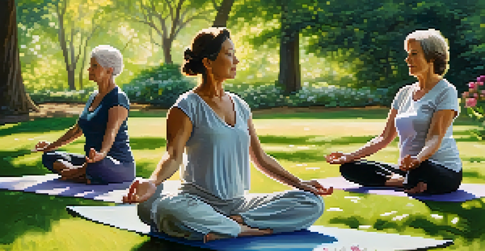 A group of mature women practicing yoga in a sunlit park, surrounded by greenery and flowers, conveying peace and health.