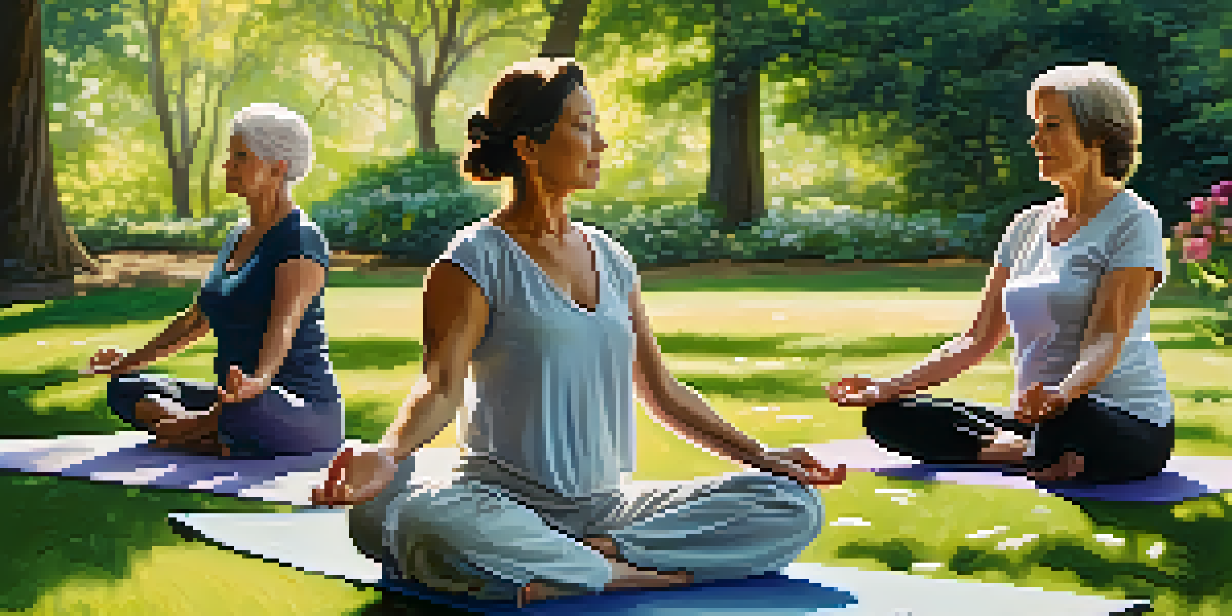 A group of mature women practicing yoga in a sunlit park, surrounded by greenery and flowers, conveying peace and health.