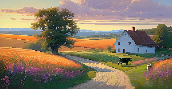 A peaceful rural scene with a farmhouse, golden wheat fields, wildflowers, and cows under a colorful sunset sky.