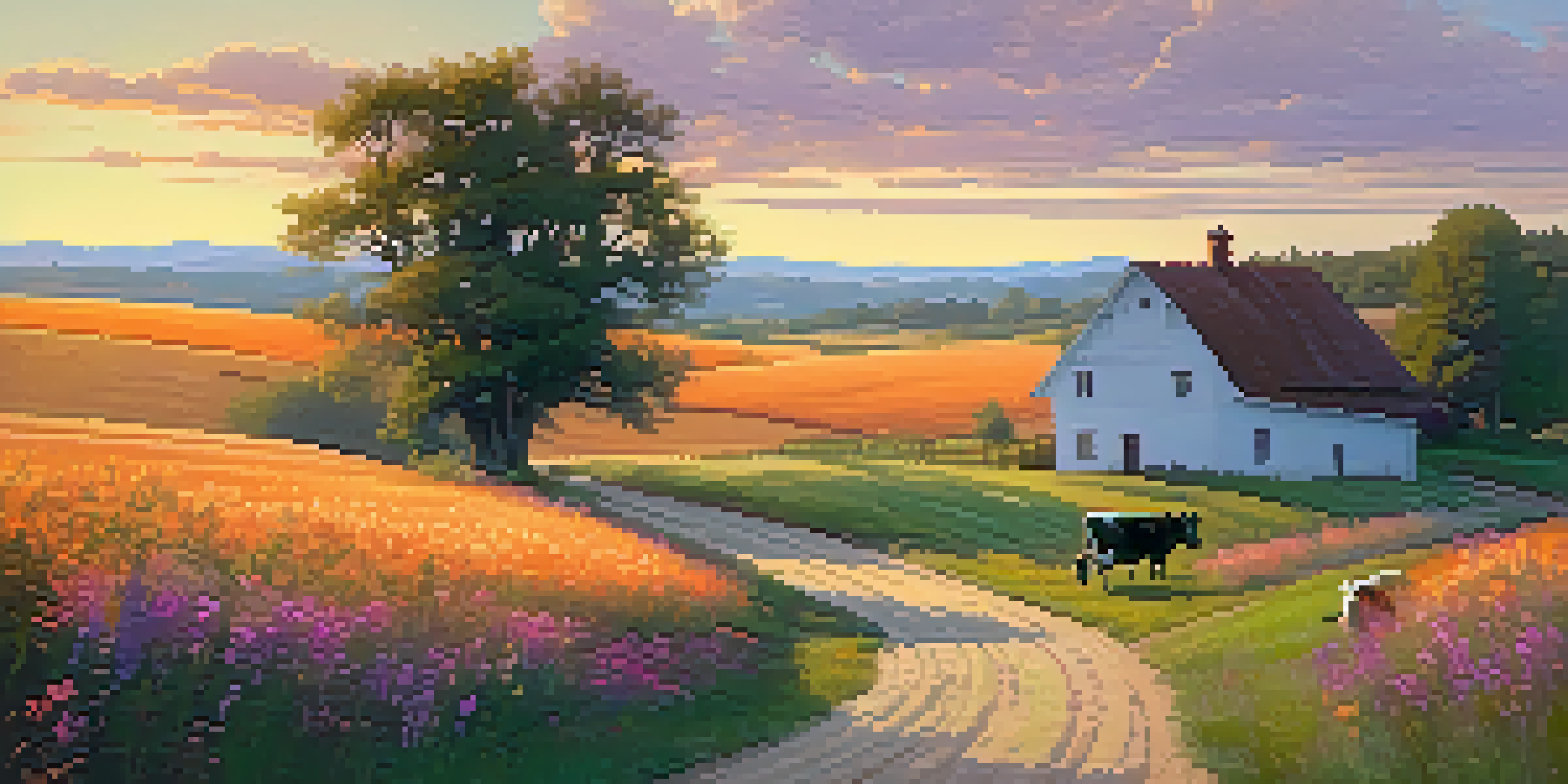 A peaceful rural scene with a farmhouse, golden wheat fields, wildflowers, and cows under a colorful sunset sky.