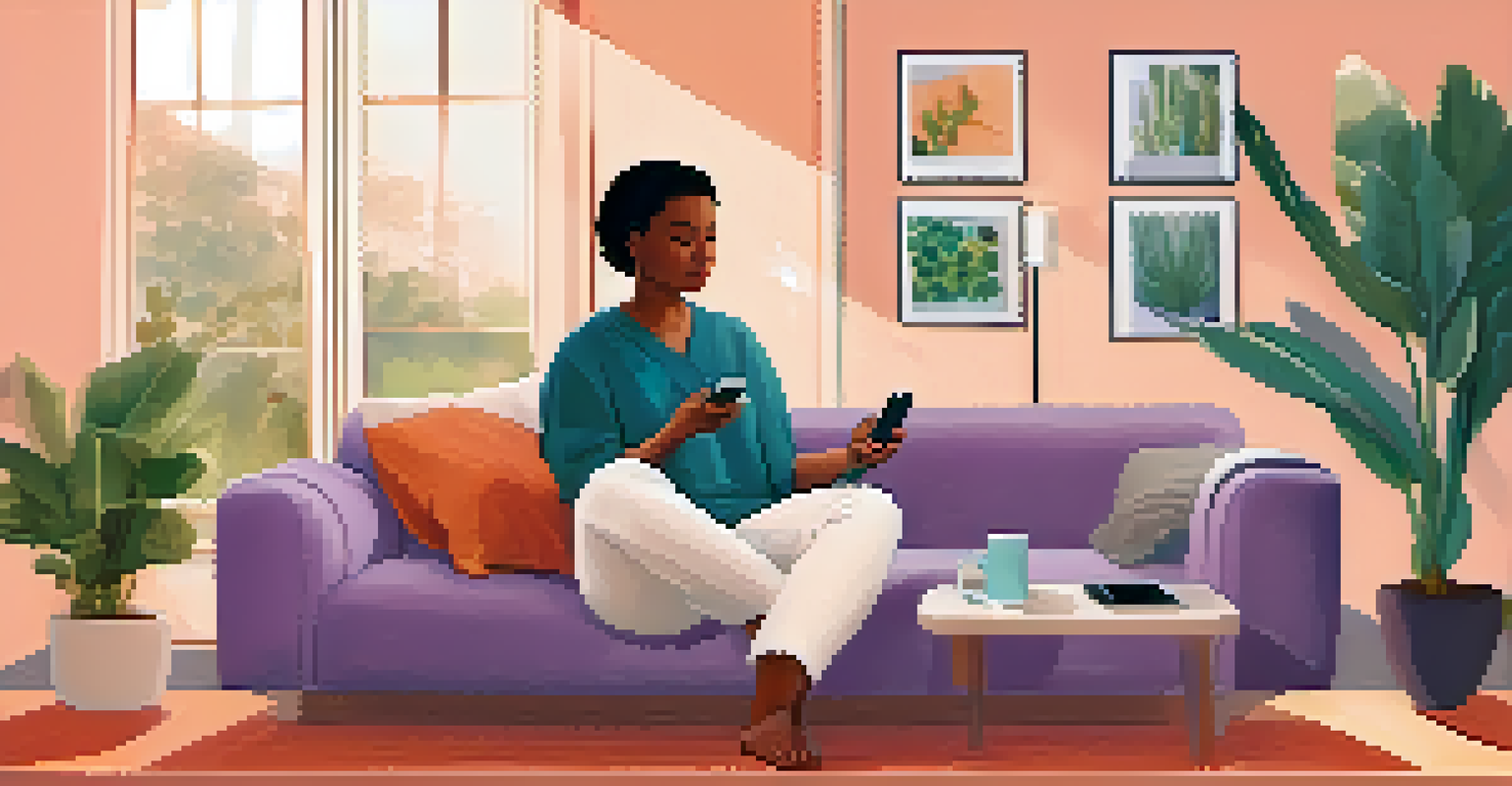 A patient monitoring their health using wearable technology, sitting on a couch and looking at a mobile app in a cozy living room.