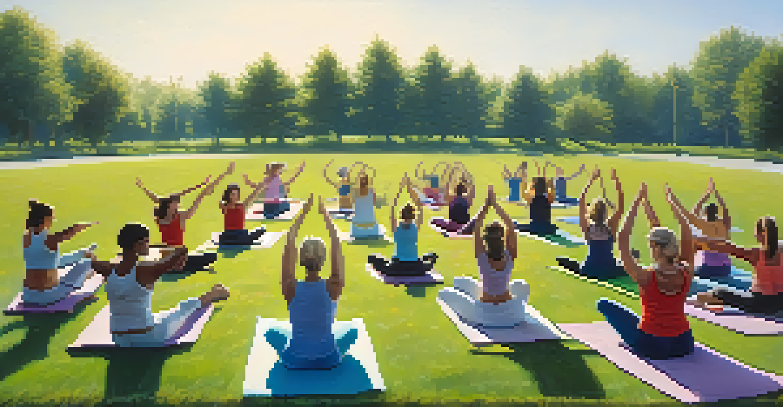 Women of different ages practicing yoga outdoors on a sunny day, demonstrating strength and flexibility.