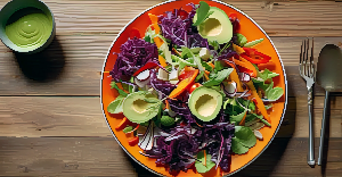 A colorful salad with leafy greens, carrots, bell peppers, and purple cabbage, topped with avocado dressing, displayed on a wooden table with natural lighting.