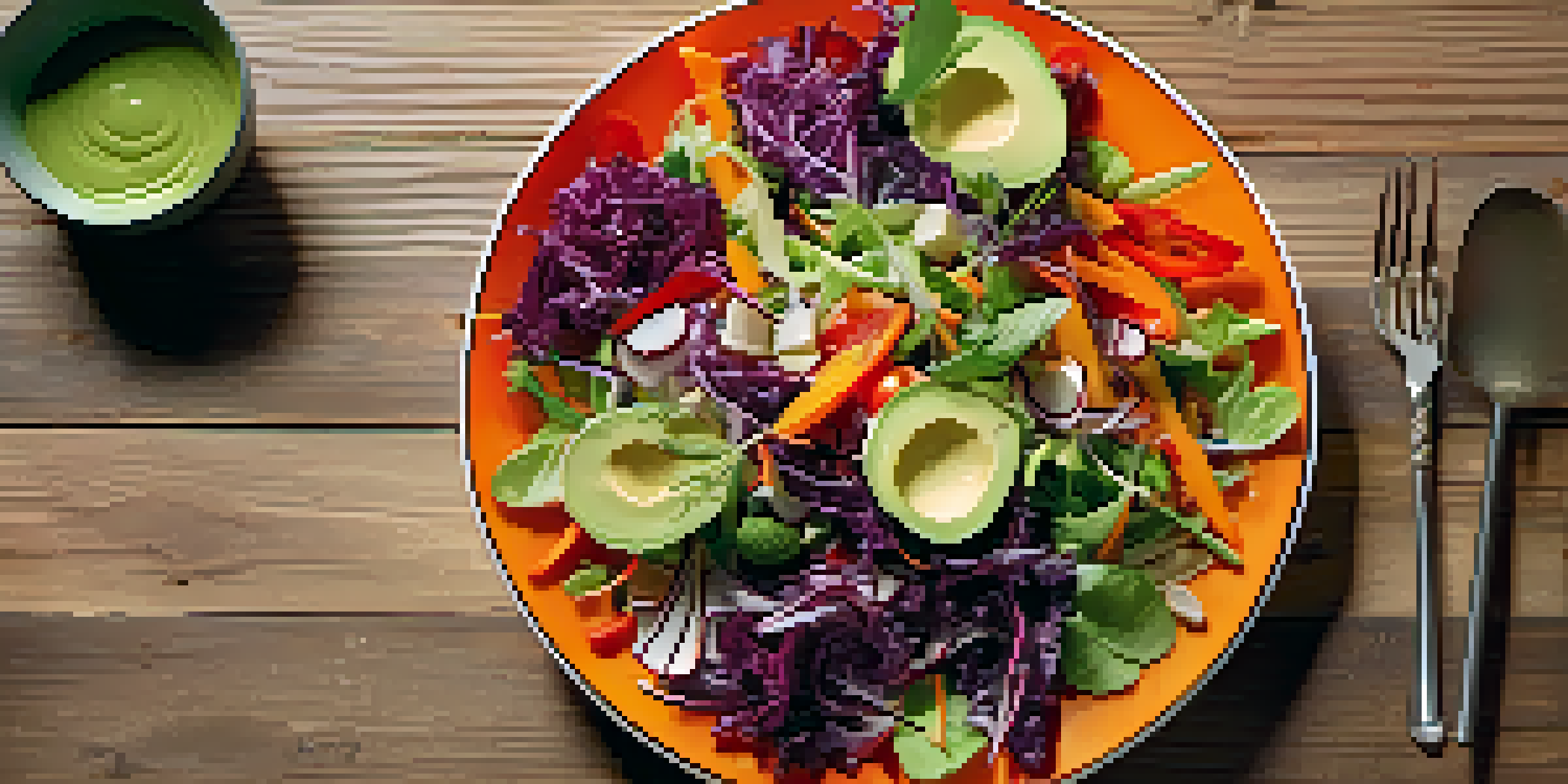 A colorful salad with leafy greens, carrots, bell peppers, and purple cabbage, topped with avocado dressing, displayed on a wooden table with natural lighting.