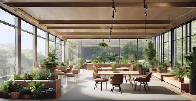 A bright and inviting office space with natural elements, including plants and large windows, where employees are working and relaxing.