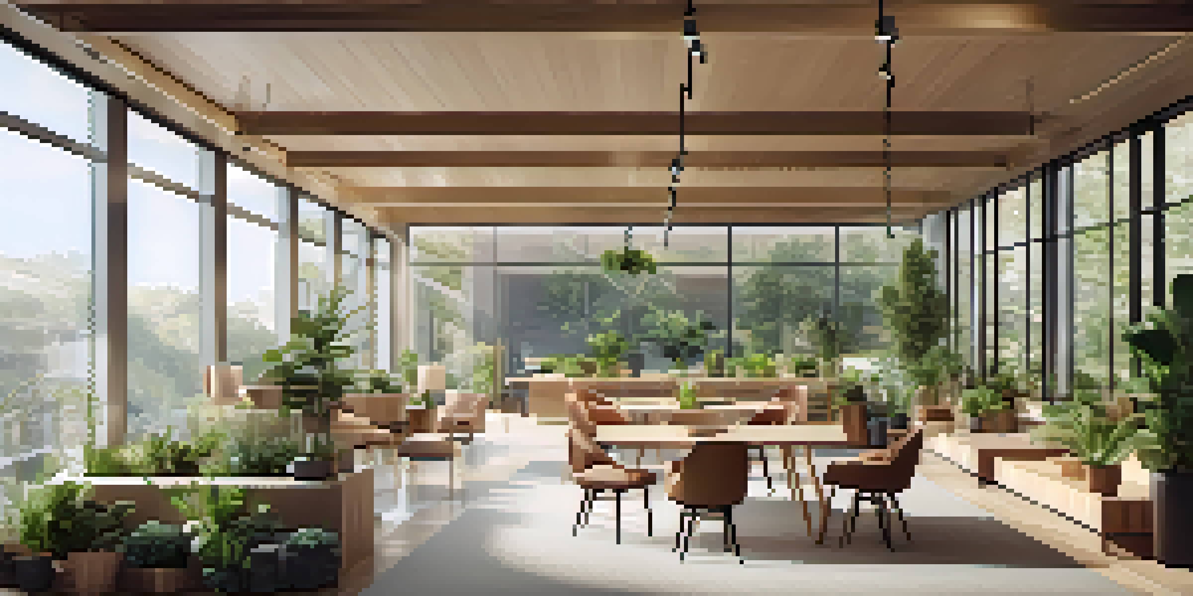 A bright and inviting office space with natural elements, including plants and large windows, where employees are working and relaxing.