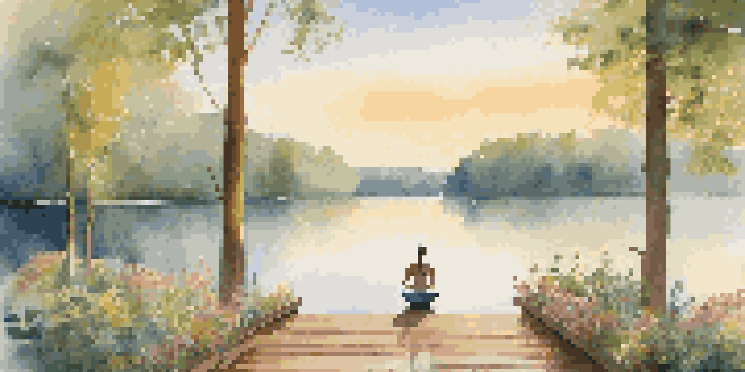 A person doing yoga on a deck by a peaceful lake at sunrise, surrounded by trees and flowers.