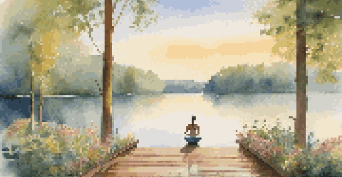 A person doing yoga on a deck by a peaceful lake at sunrise, surrounded by trees and flowers.