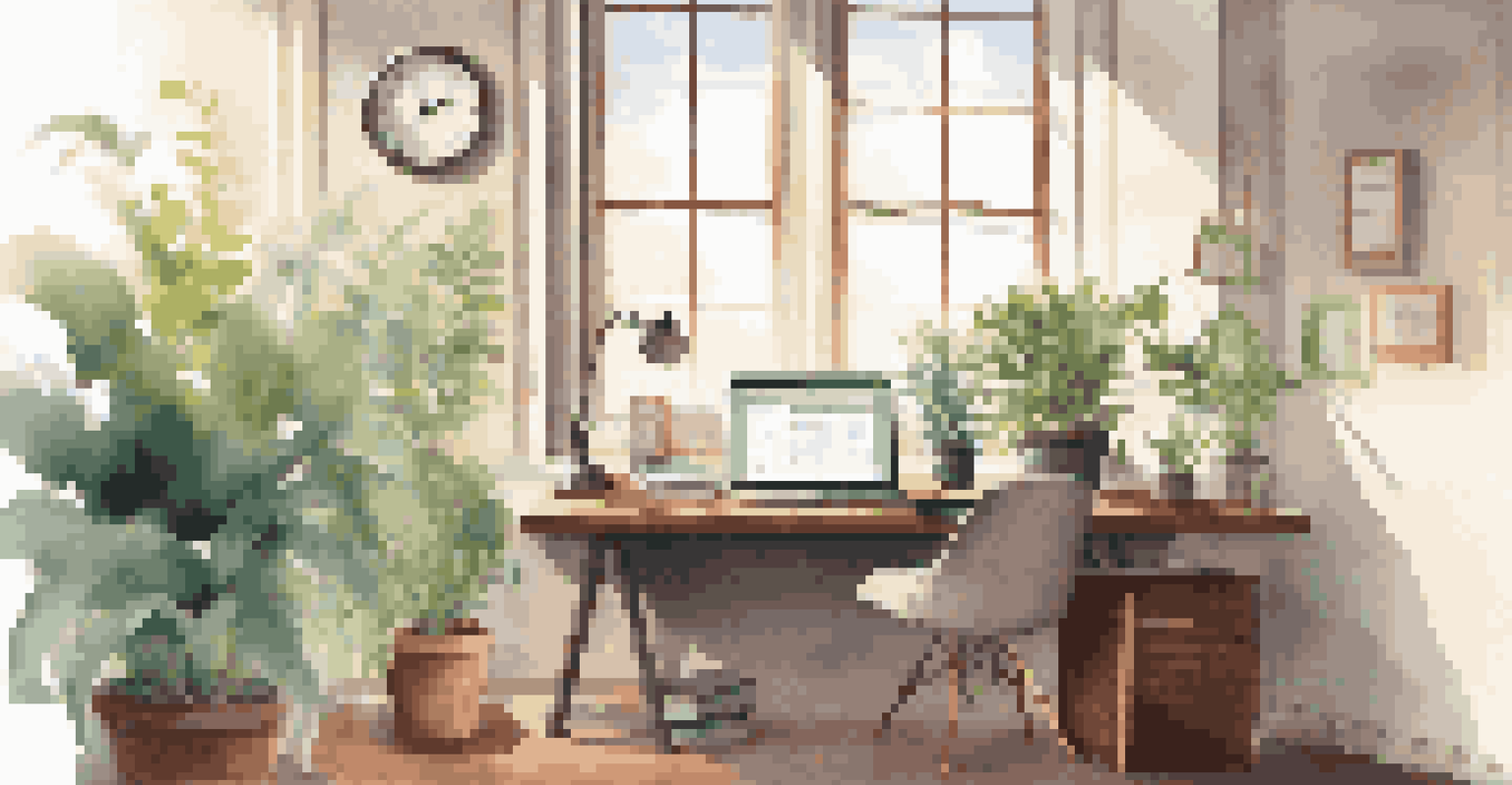 A clean office workspace with a laptop, a plant, and soft light from a window, highlighting the importance of work-life balance.