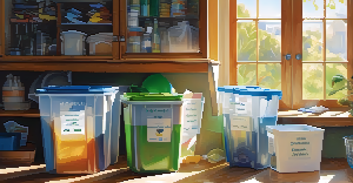 A cozy kitchen with a recycling station, featuring labeled bins for different materials and sunlight streaming through the window.