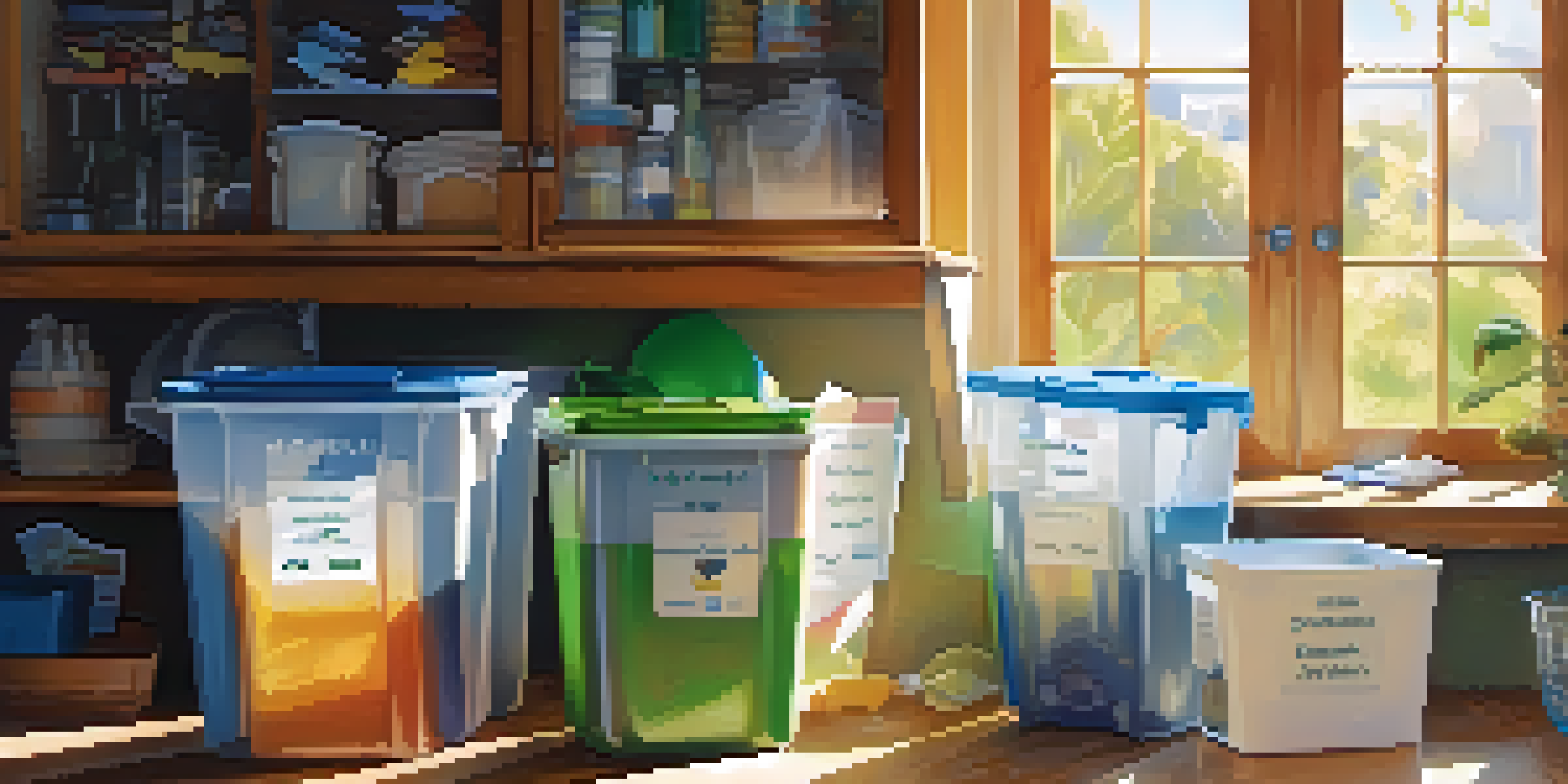 A cozy kitchen with a recycling station, featuring labeled bins for different materials and sunlight streaming through the window.