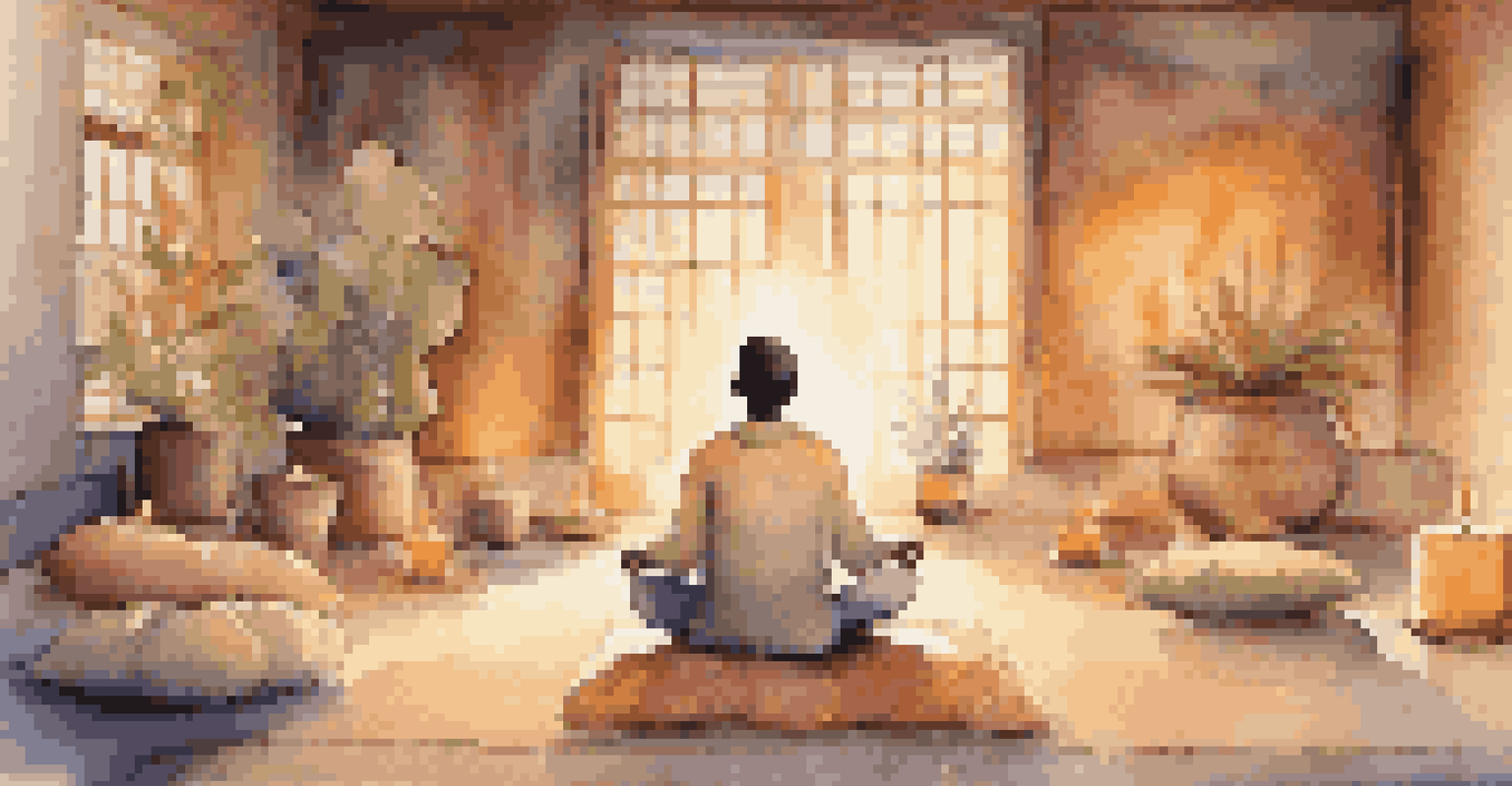 A person meditating in a peaceful indoor space, surrounded by cushions and candles, with visual sound waves symbolizing healing vibrations.
