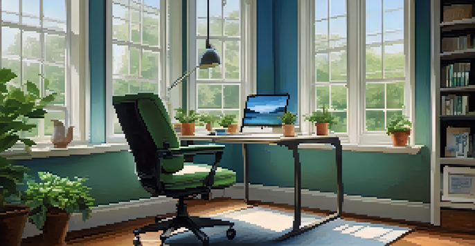 A cozy office space with natural light, a desk with a laptop, a cup of tea, and a potted plant, creating a calming atmosphere.