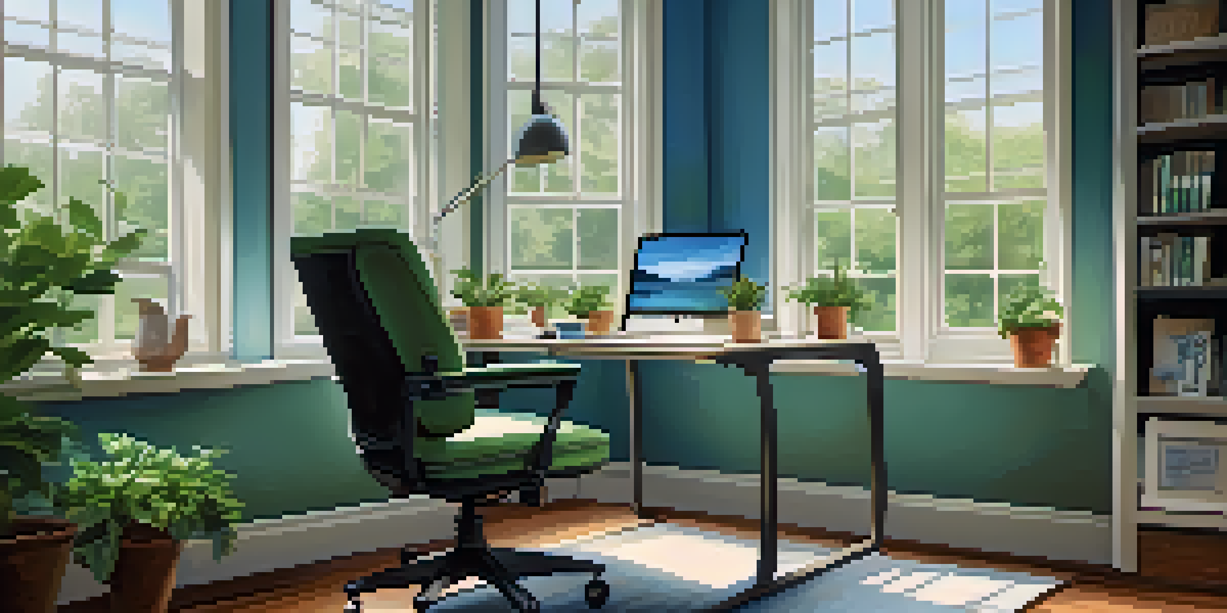 A cozy office space with natural light, a desk with a laptop, a cup of tea, and a potted plant, creating a calming atmosphere.