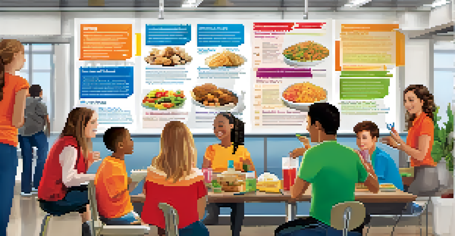 An educational poster about food allergens on a break room wall, with employees discussing it in the background.