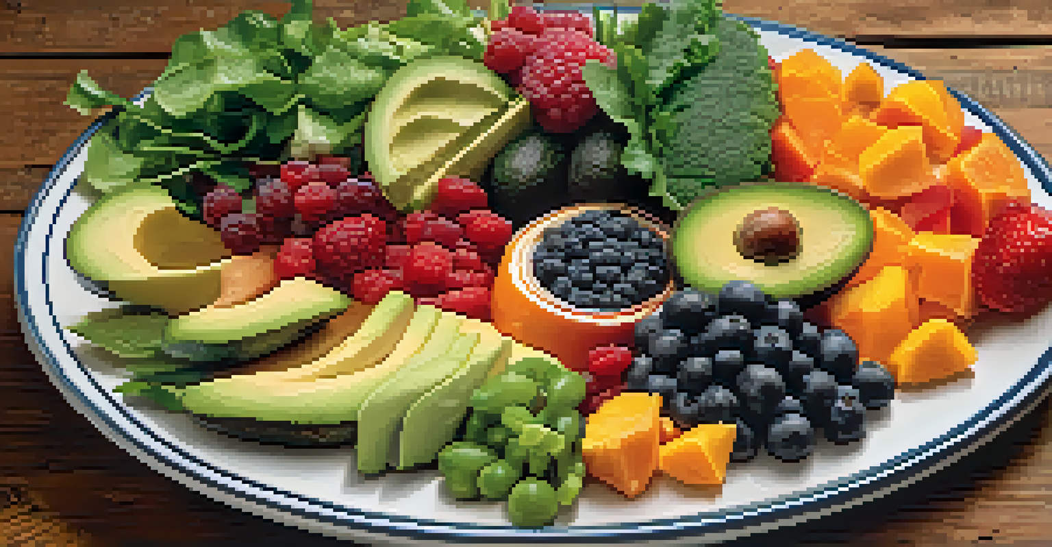 A plate of colorful whole foods including fruits and vegetables, set on a rustic table with natural lighting.
