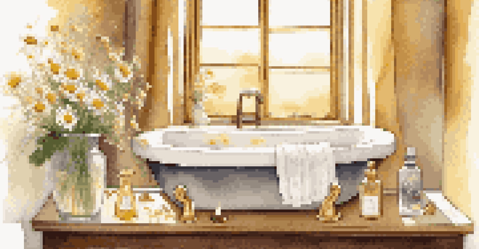 A luxurious bathroom with a bubble bath, essential oils, candles, and a calming atmosphere.