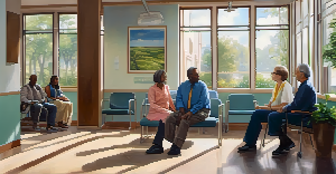 A diverse group of individuals in a well-lit waiting room, with a healthcare professional approaching them in a calm atmosphere.