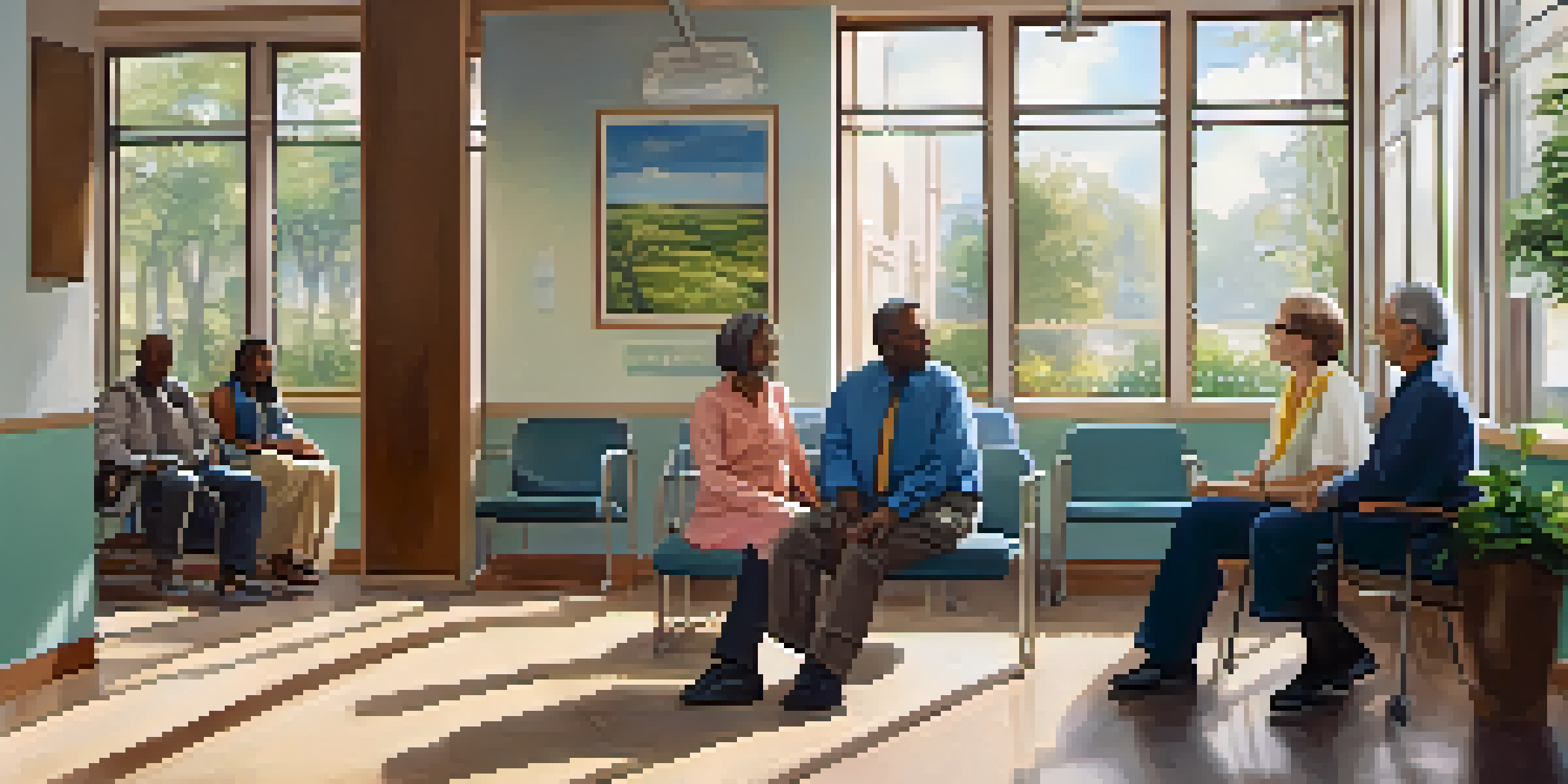 A diverse group of individuals in a well-lit waiting room, with a healthcare professional approaching them in a calm atmosphere.