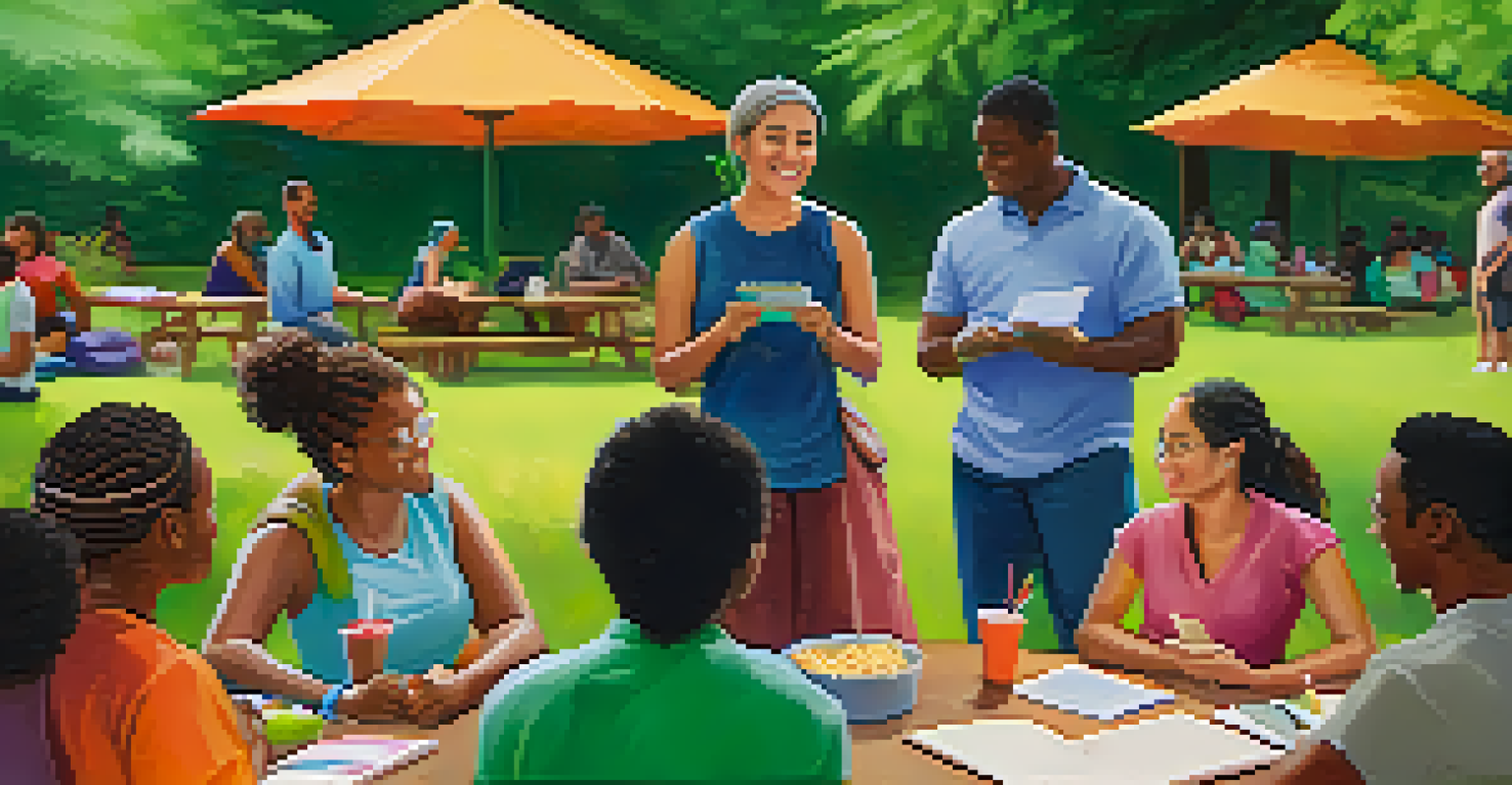 A diverse group of community members engaged in a health workshop outdoors in a park.