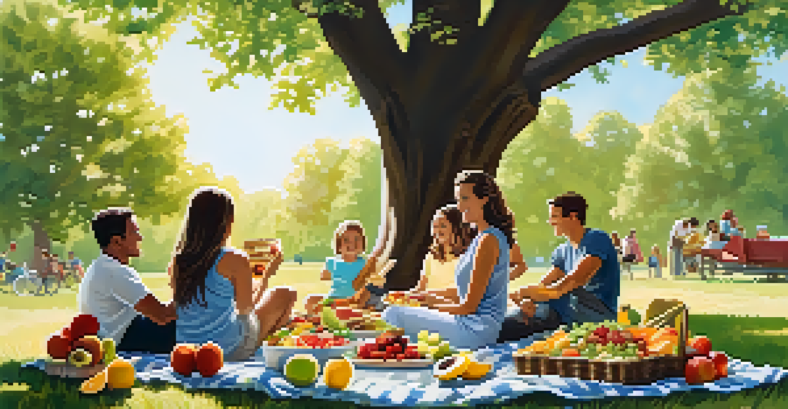 A family picnic under a tree with a variety of healthy foods laid out on a blanket, surrounded by nature and dappled sunlight.