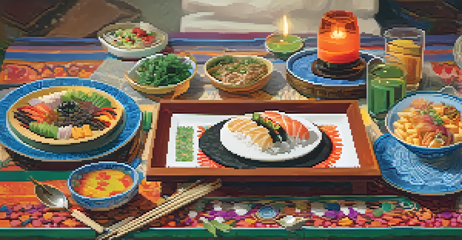 A themed dinner table beautifully set with traditional dishes from various cultures, creating an inviting dining atmosphere.