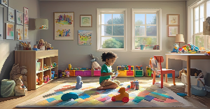 A welcoming play therapy room with toys and a child playing with dolls, while a therapist watches from a chair.