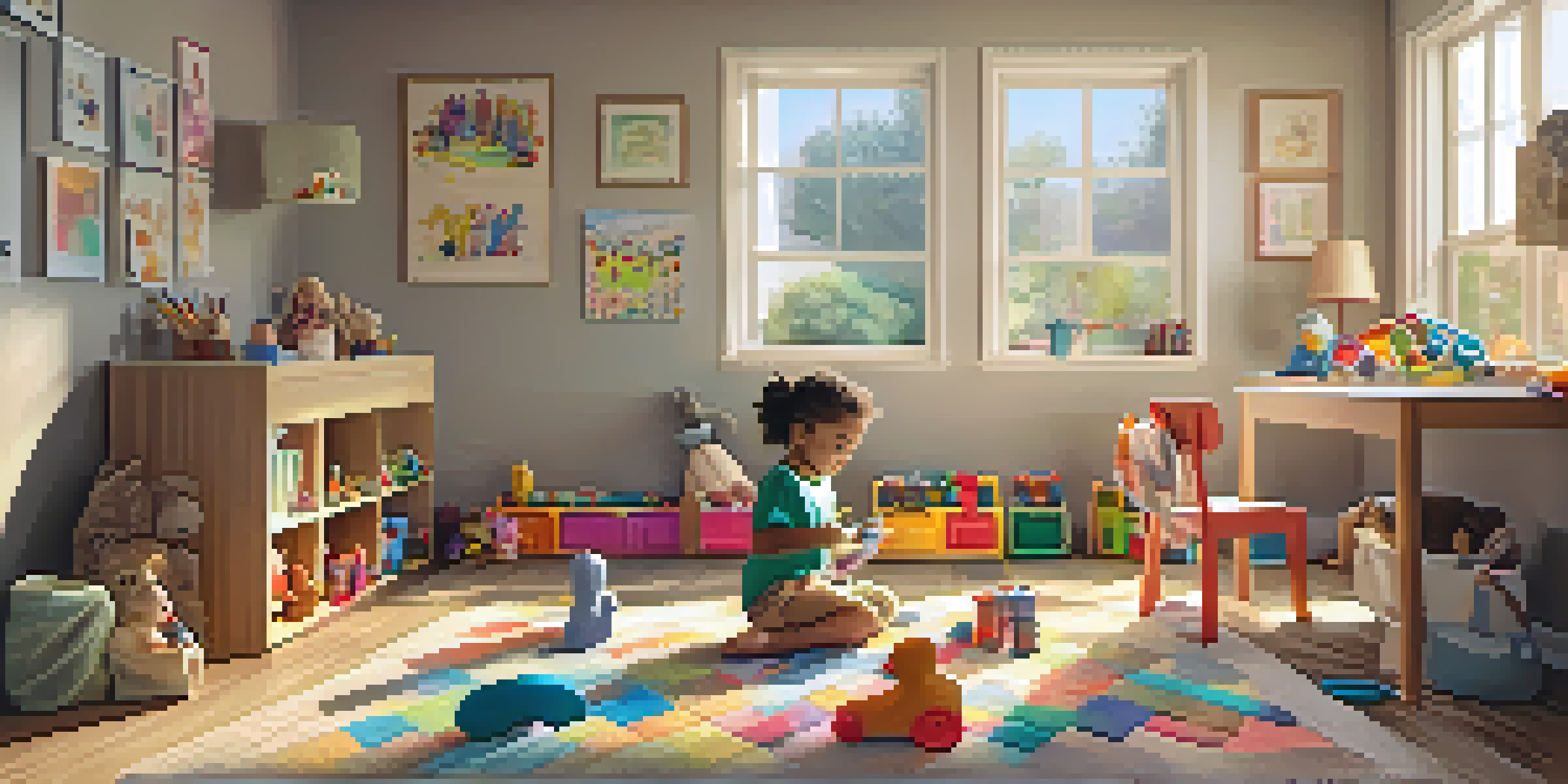 A welcoming play therapy room with toys and a child playing with dolls, while a therapist watches from a chair.
