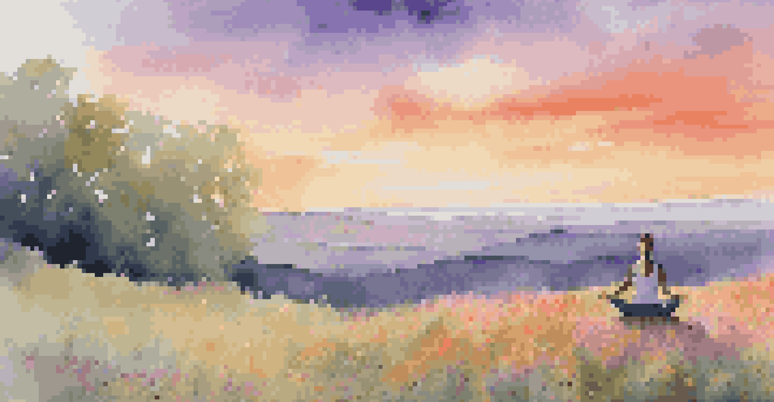 A person practicing yoga on a hillside at sunset, with colorful skies and wildflowers around.