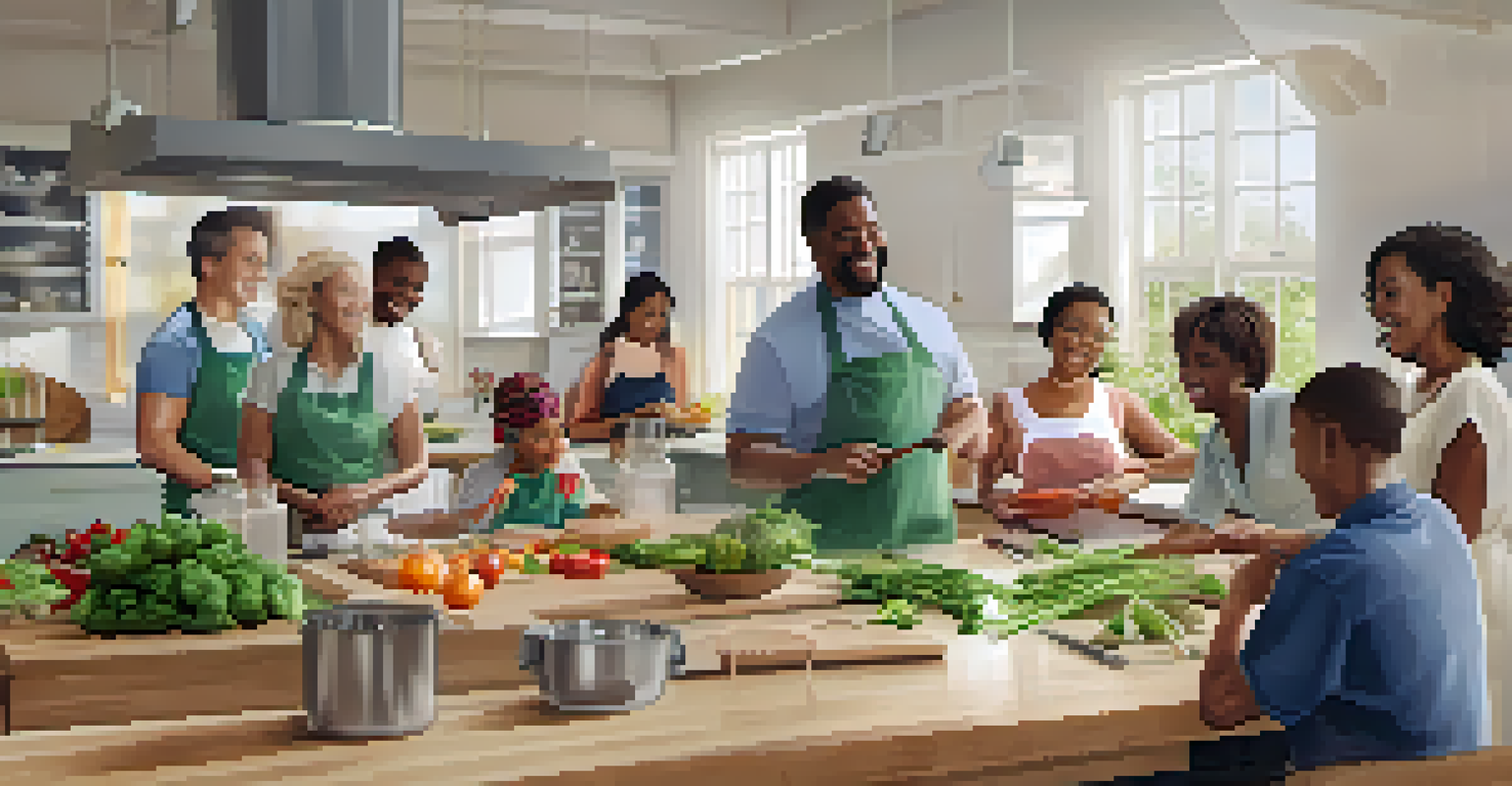 A diverse group of community members enjoying a cooking class focused on healthy eating, surrounded by fresh ingredients and a bright kitchen.