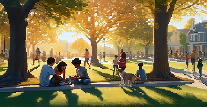 A diverse group of people enjoying a park during sunset, interacting positively with their smartphones, surrounded by nature.