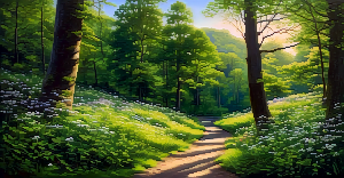 A winding path through a green forest with sunlight filtering through the trees and colorful wildflowers along the sides.
