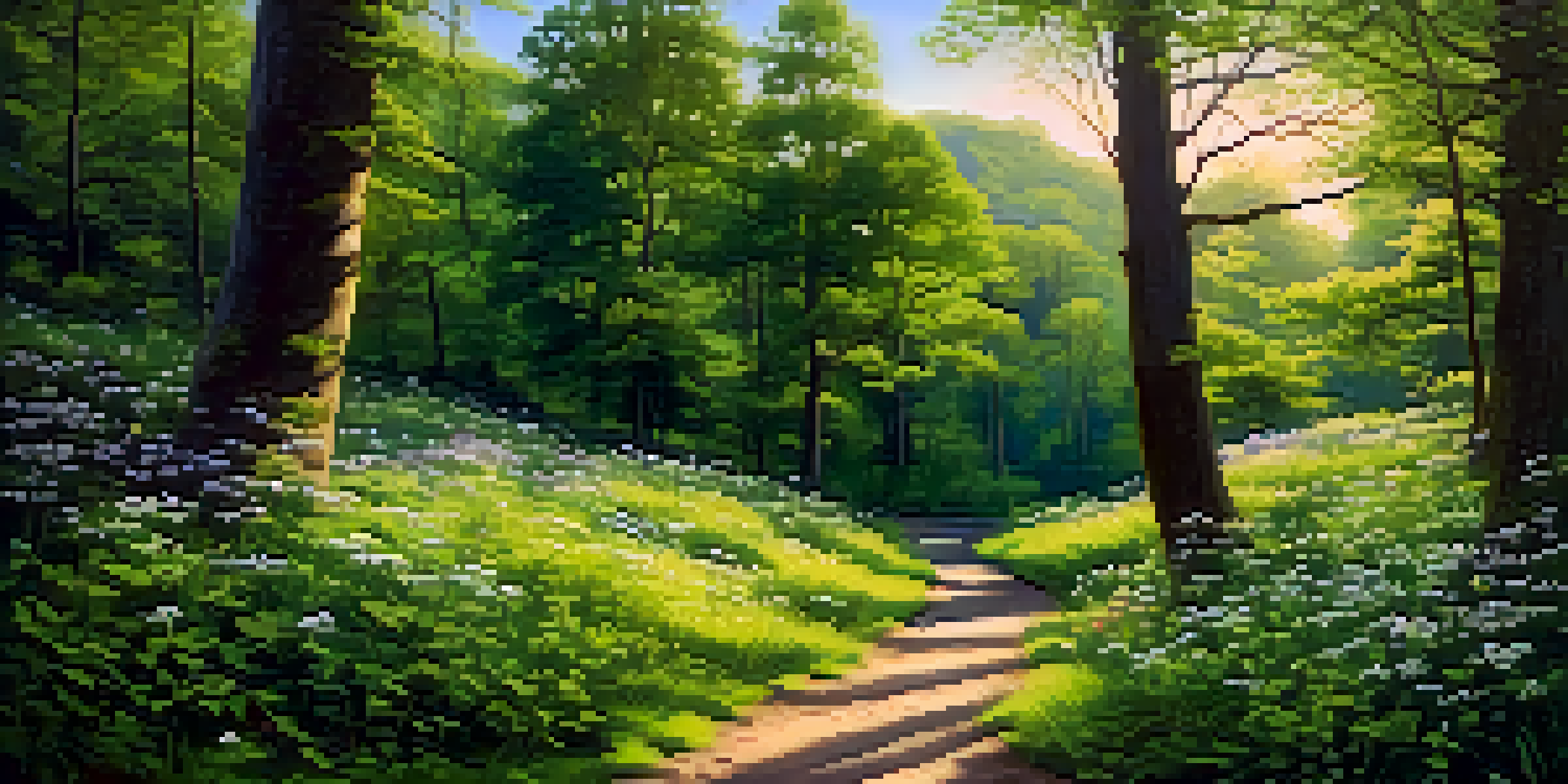 A winding path through a green forest with sunlight filtering through the trees and colorful wildflowers along the sides.
