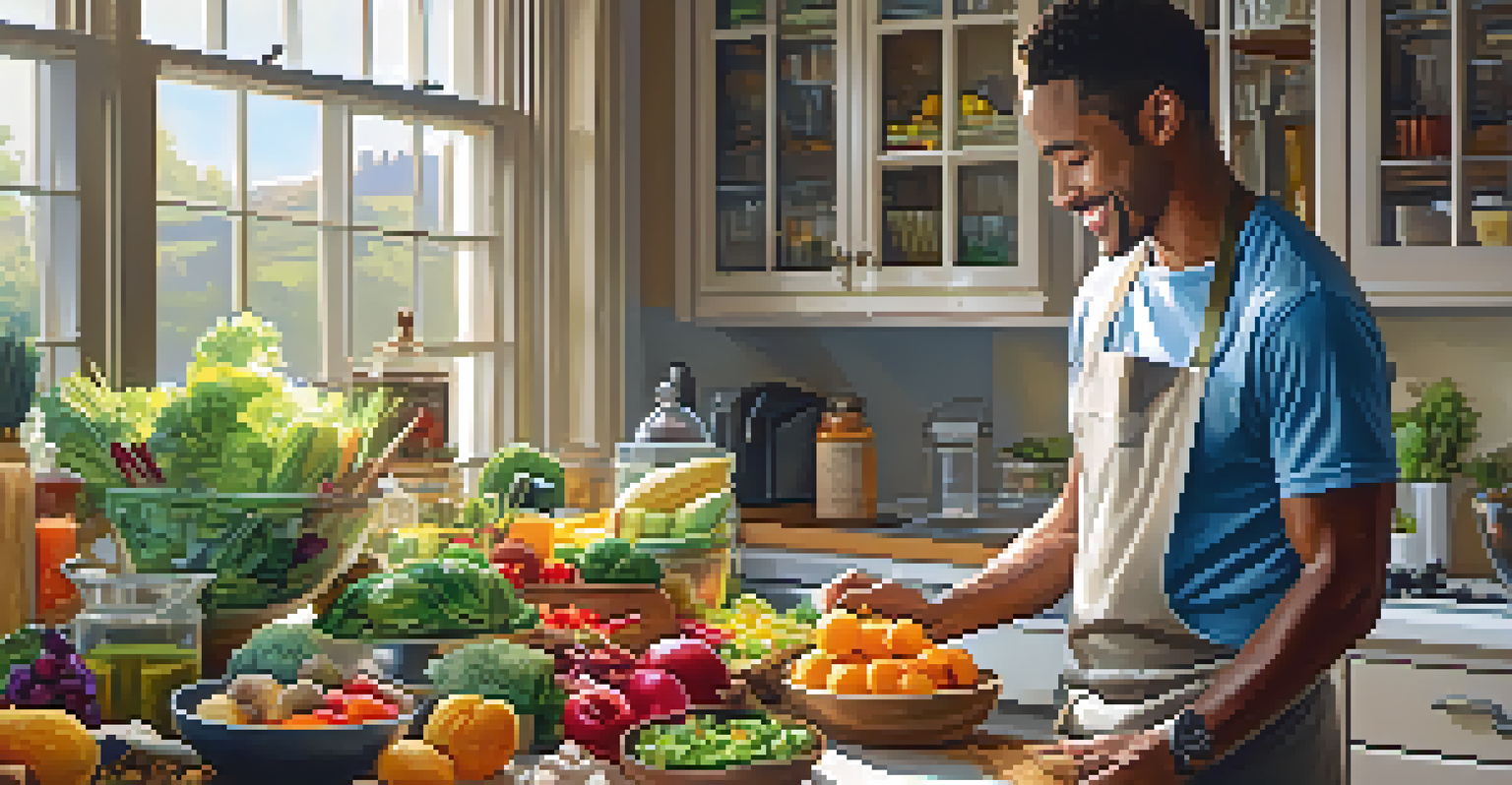 A man preparing a colorful salad in a bright kitchen filled with healthy foods like fruits and vegetables.