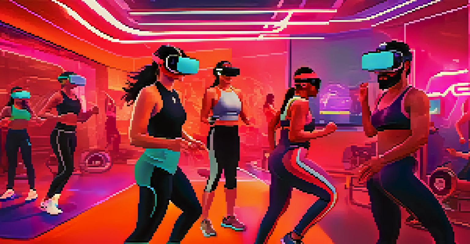 Users wearing VR headsets engaged in a virtual reality fitness experience, surrounded by digital elements and fitness challenges.