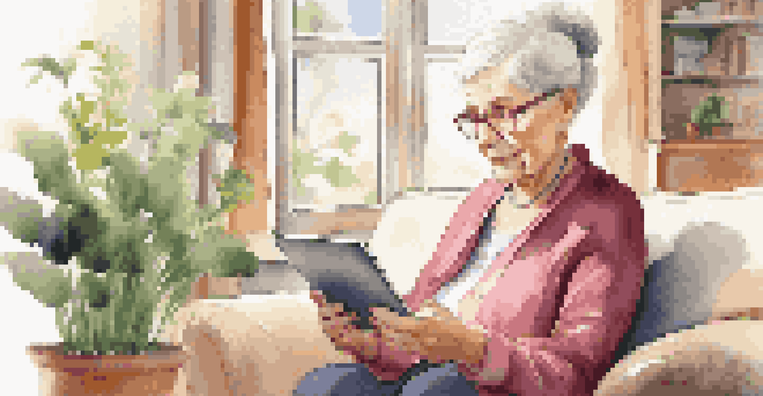 An elderly woman using a tablet in her living room to manage her health with an app.