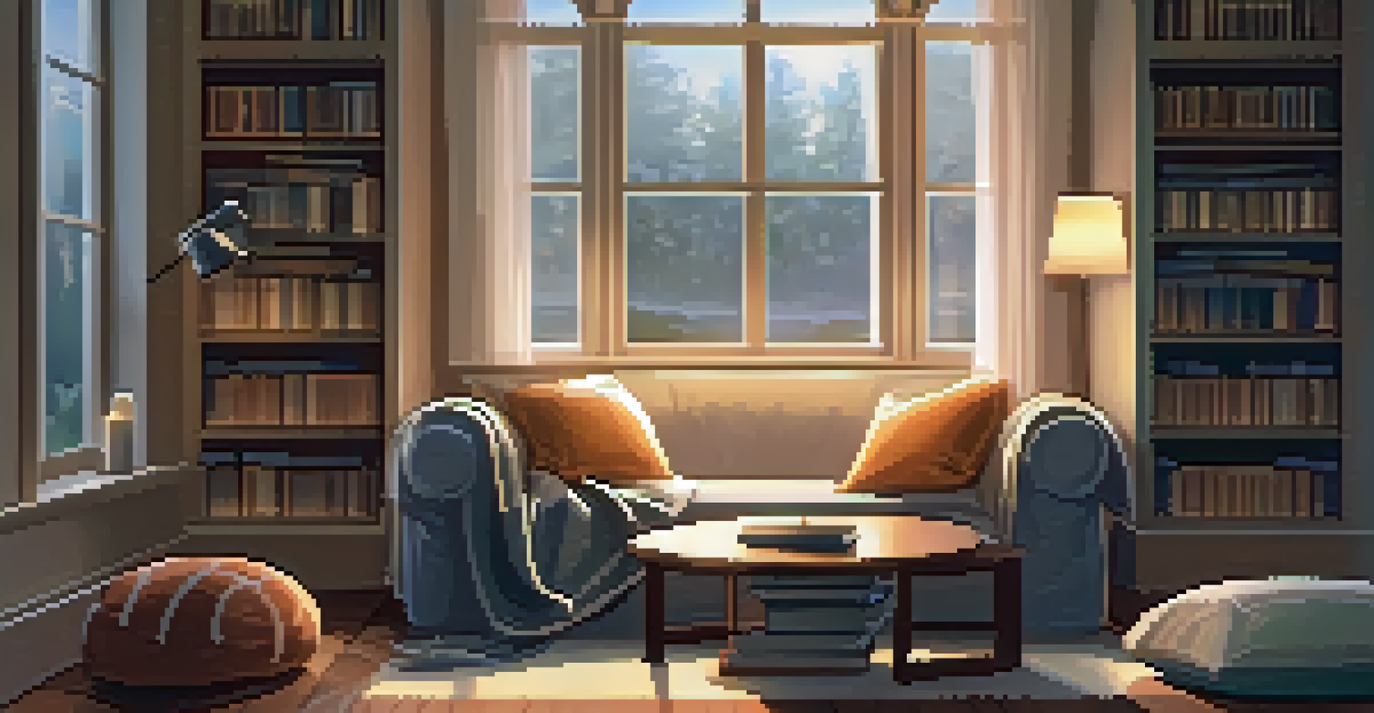A cozy reading nook with cushions, a blanket, and books, illuminated by a warm lamp, with rain visible outside.