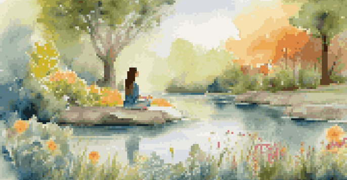 A peaceful garden scene with a person meditating on a yoga mat, surrounded by colorful plants and a pond, showcasing the essence of holistic health.