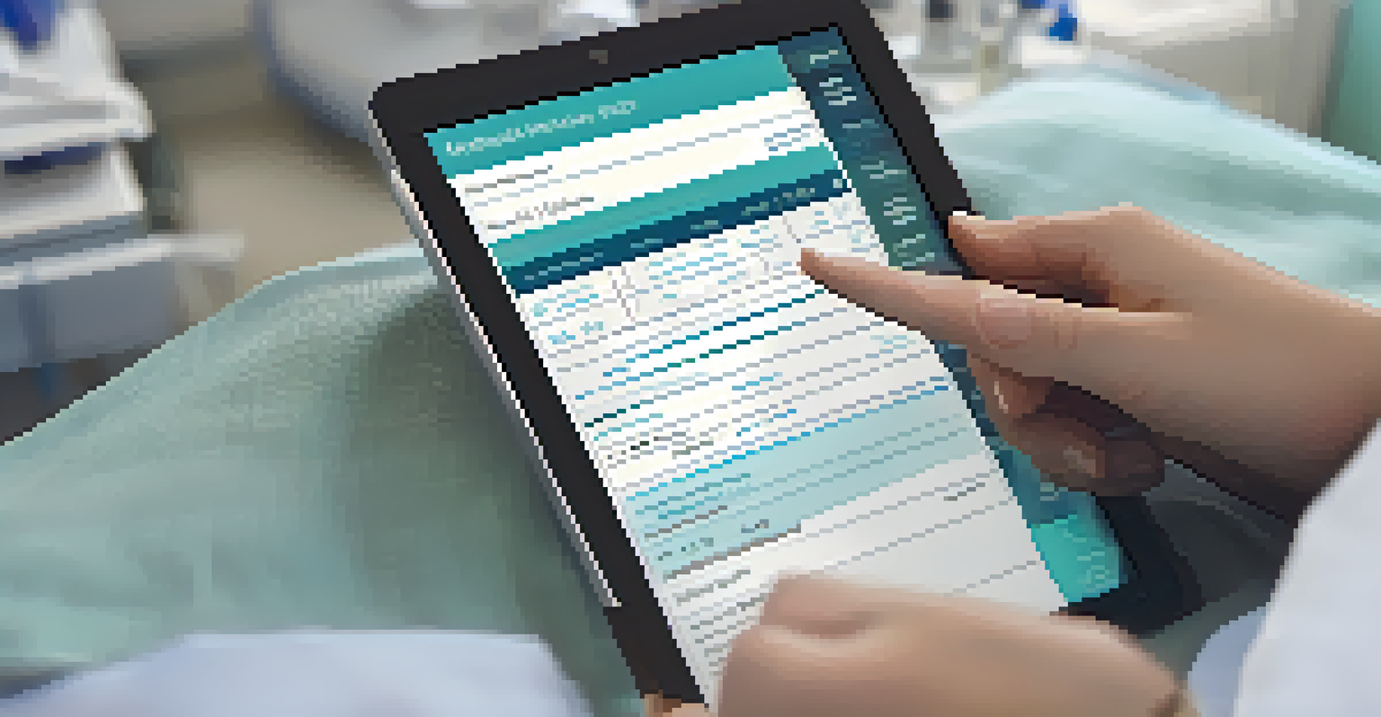 A close-up of a doctor's hand holding a tablet displaying an electronic health record with patient details, set in a softly blurred hospital environment.