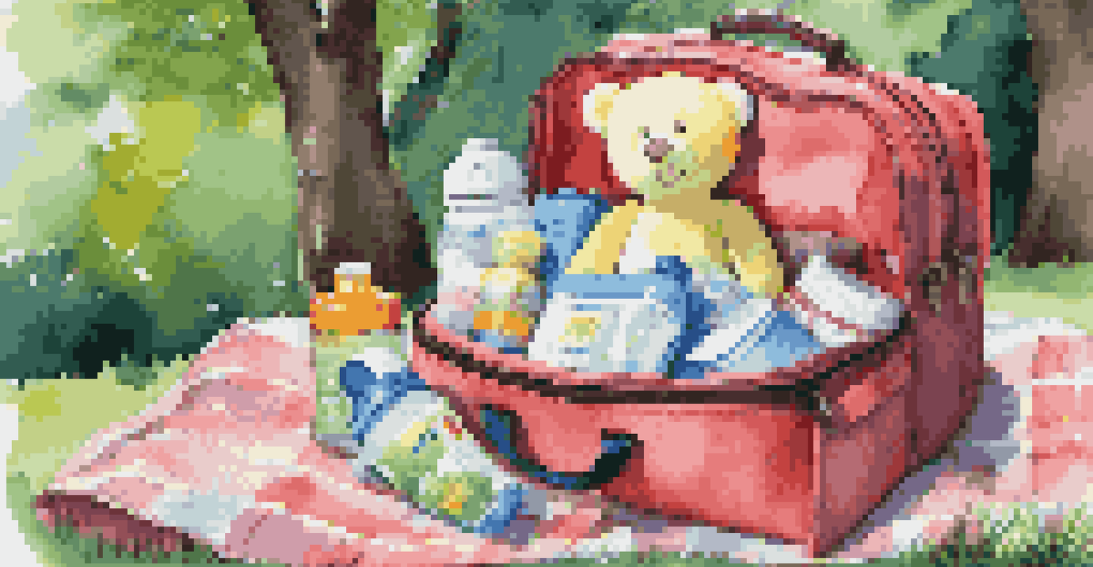A travel bag filled with baby essentials like diapers and bottles, set on a picnic blanket in a sunny park.