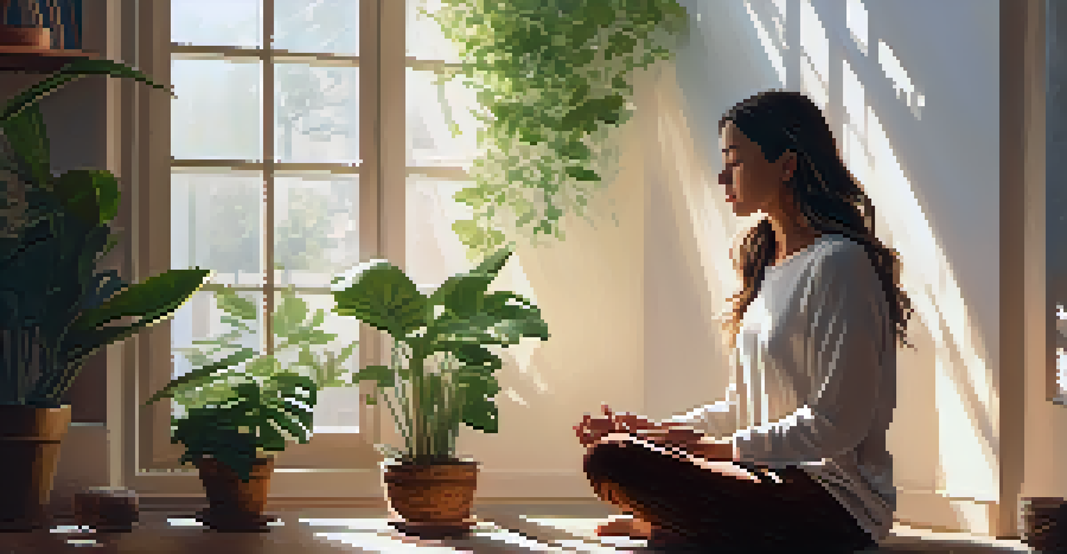 A woman meditating in a peaceful indoor space with plants and cushions.