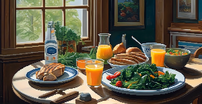 A cozy kitchen table with a balanced meal of greens, grilled chicken, and vegetables, illuminated by soft natural light.