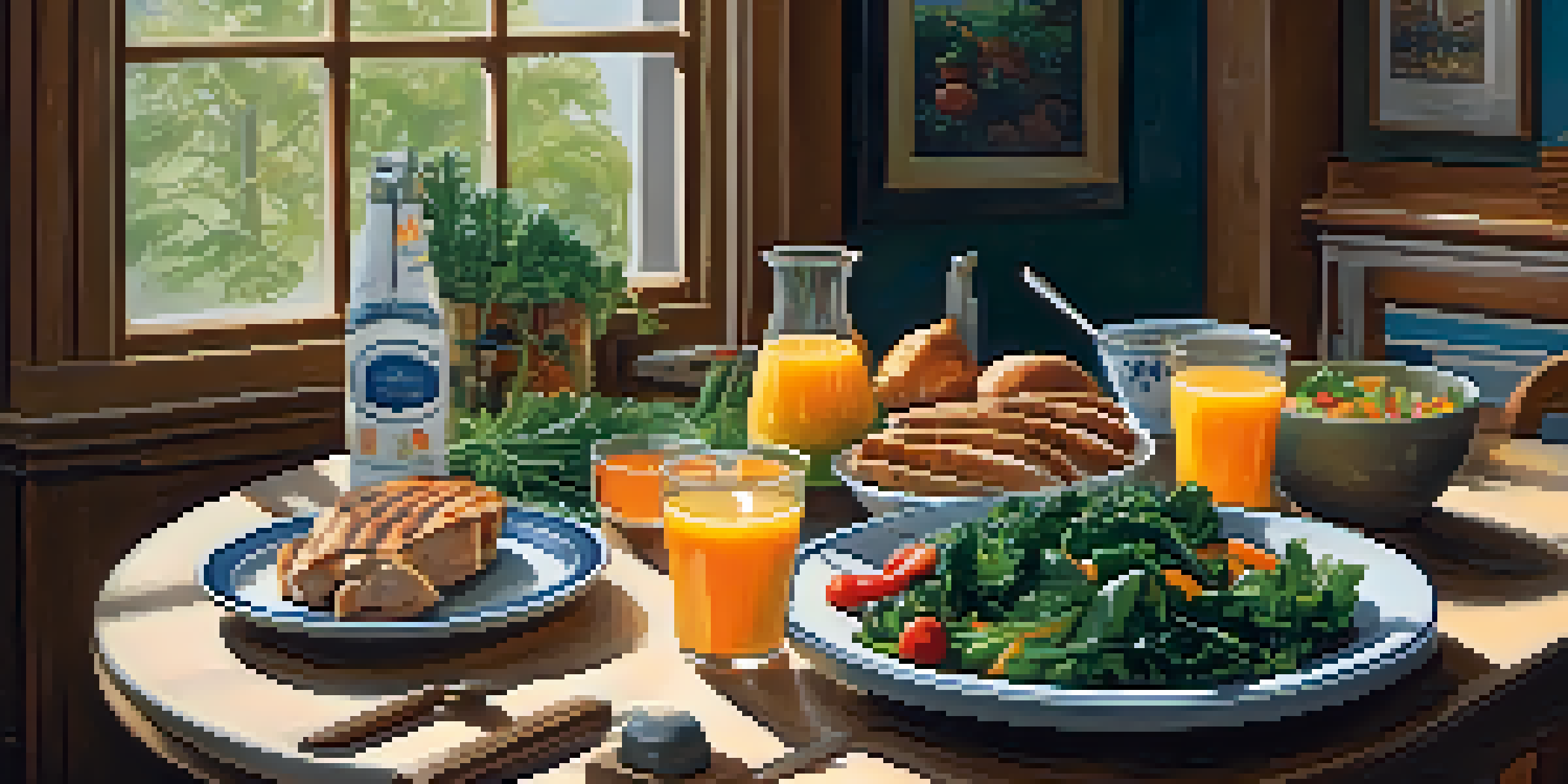 A cozy kitchen table with a balanced meal of greens, grilled chicken, and vegetables, illuminated by soft natural light.